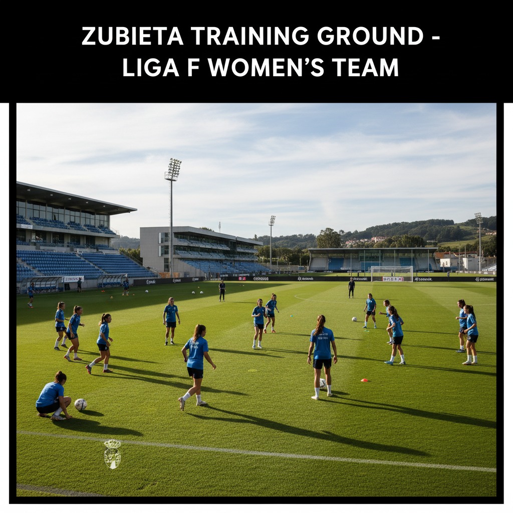 El equipo femenino de la Liga F entrena sobre el césped del campo de las instalaciones de Zubieta con gradas al fondo.